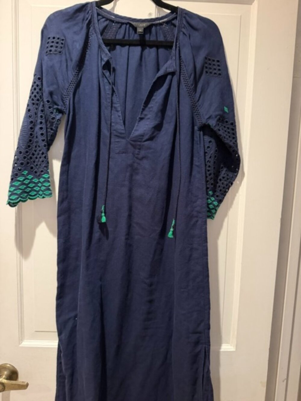 J Crew Navy Maxi Tunic Dress with Green-Trimmed Eyelet Sleeves Size XS
